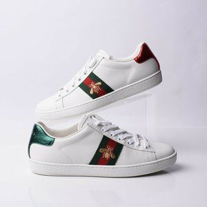 Gucci Womens Ace Bee Embroidered Sneakers Shoes White Leather Sz 38.5 US 8.5 New